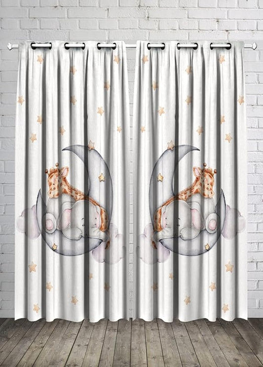 Kids Room Elephant and Giraffe Baby Boy Curtain -Linen Velvet Fabric -Privacy - Steel Grommets - 2 Pieces