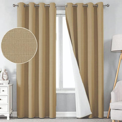 Linen 100% Blackout Curtains for Bedroom Living Room Thermal Insulated Fabric -Room Darkening -Steel Grommet Window Curtains -1 Piece
