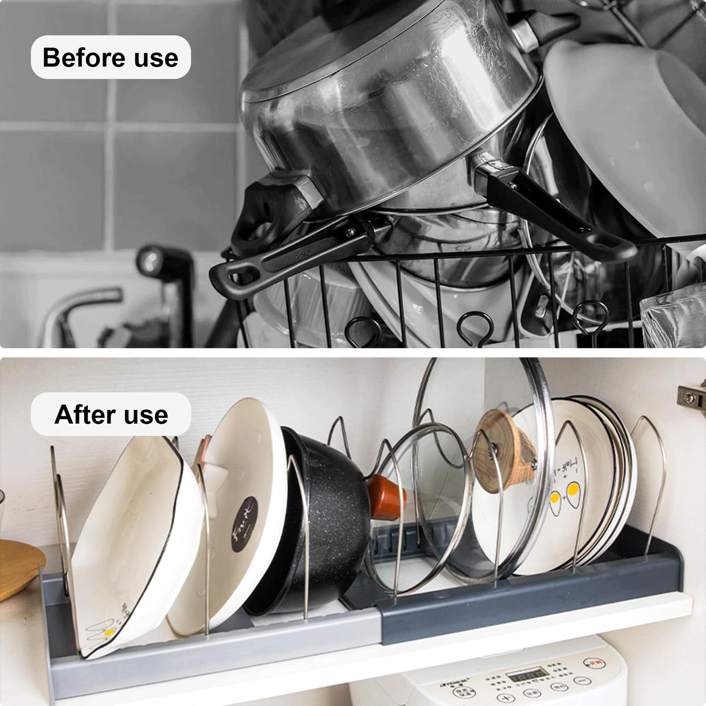 ZITUZY Expandable Organizer for 6 Lids or Pans, Pot Lid Holder, Kitchen Storage, Dish Holder for Drawer, Pot Rack, Dish Rack, Pot Holder Drawer