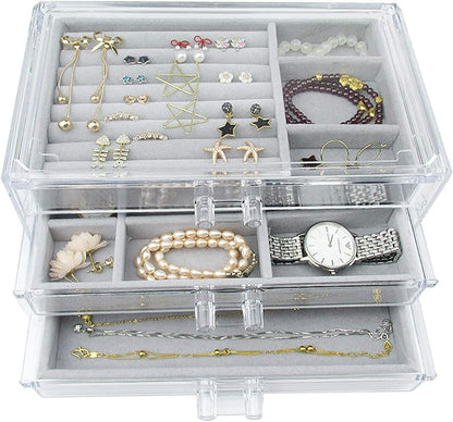 3-Drawer Acrylic Jewelry Box with Gray Velvet, Clear Organizer and Display Case, Stackable Trays for Earrings, Rings, Necklaces, and Bracelets, Gift for Women