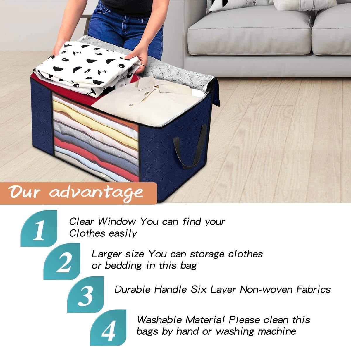 Fresh Horizontal Style Foldable Clothes Storage Bags with Reinforced Handle (Dark Blue)