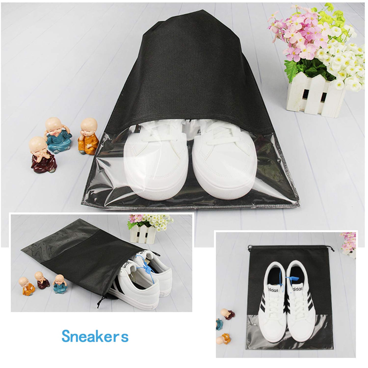 DWTECH 15 Pieces Travel Shoe Bag for Men and Women, Large Non-Woven Drawstring Shoes Storage Bags with Transparent Slot for Ladys, Black, 44cm x 32 cm/ 17.3 inch x 12.6 inch