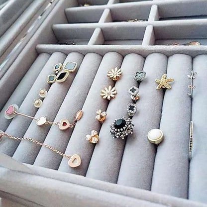 Velvet Jewelry Organizer Box, Clear Glass Lid Storage Case, Multifunction Ring Earrings Necklace Display Holder(gray)