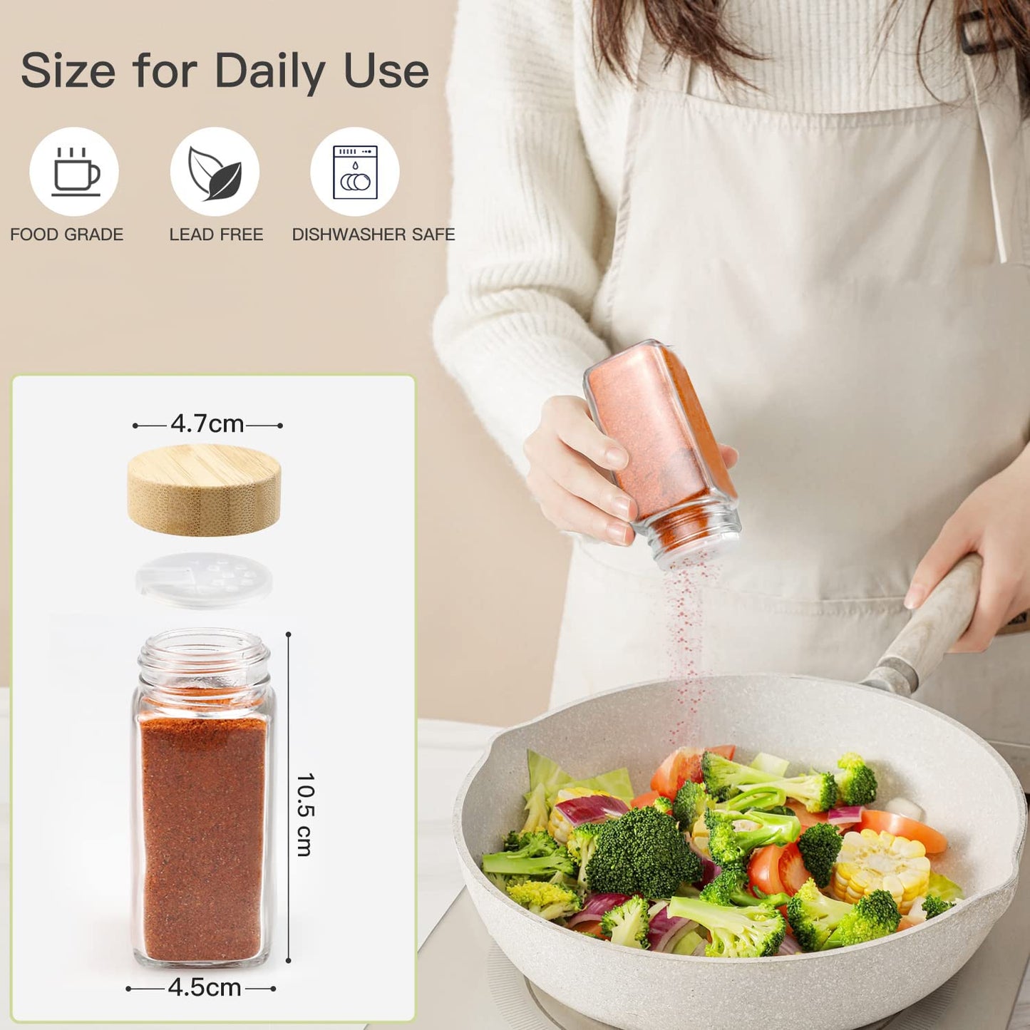 Thokono Spice Jars Square 24 Pieces with Bamboo Lid 120 ml, 10.5 x 4.5 cm Spice Jars Set with Screw Cap, Spice Shaker Glass with Shaker Insert, Spice Container Spice Storage Spice Jars