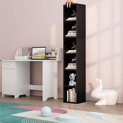 Tall Narrow Bookshelf, 6 Shelf Wooden Corner Bookcase, Modern Skinny Cubes Storage Organizer Display Shelving for Bedroom, Library, Living Room, or Home Office (Black)