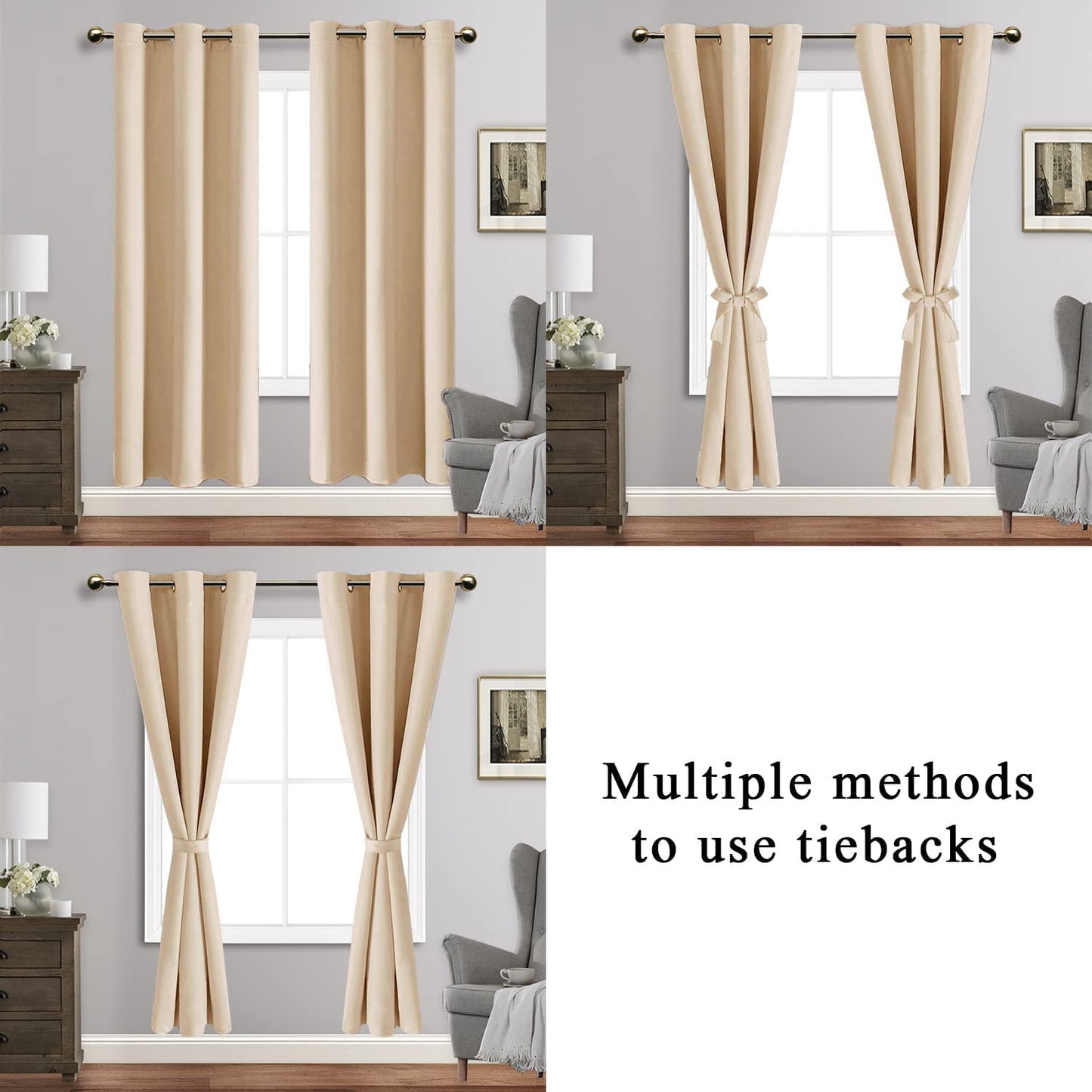 Blackout Curtains with Tiebacks - Thermal Insulated, Light Blocking and Noise Reducing Grommet Curtain Drapes for Bedroom and Living Room, Set of 2 Panels,