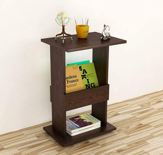Wooden Bedside Sofa Side end Table with Bookshelf Magazine Rack (Brown)