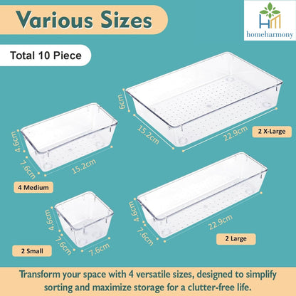 HomeHarmony Unbreakable Drawer Organizer/Make up Organiser/Drawer Divider Tray/Makeup Dresser Tray/Dressing Table Organiser (10 Pcs Organiser)