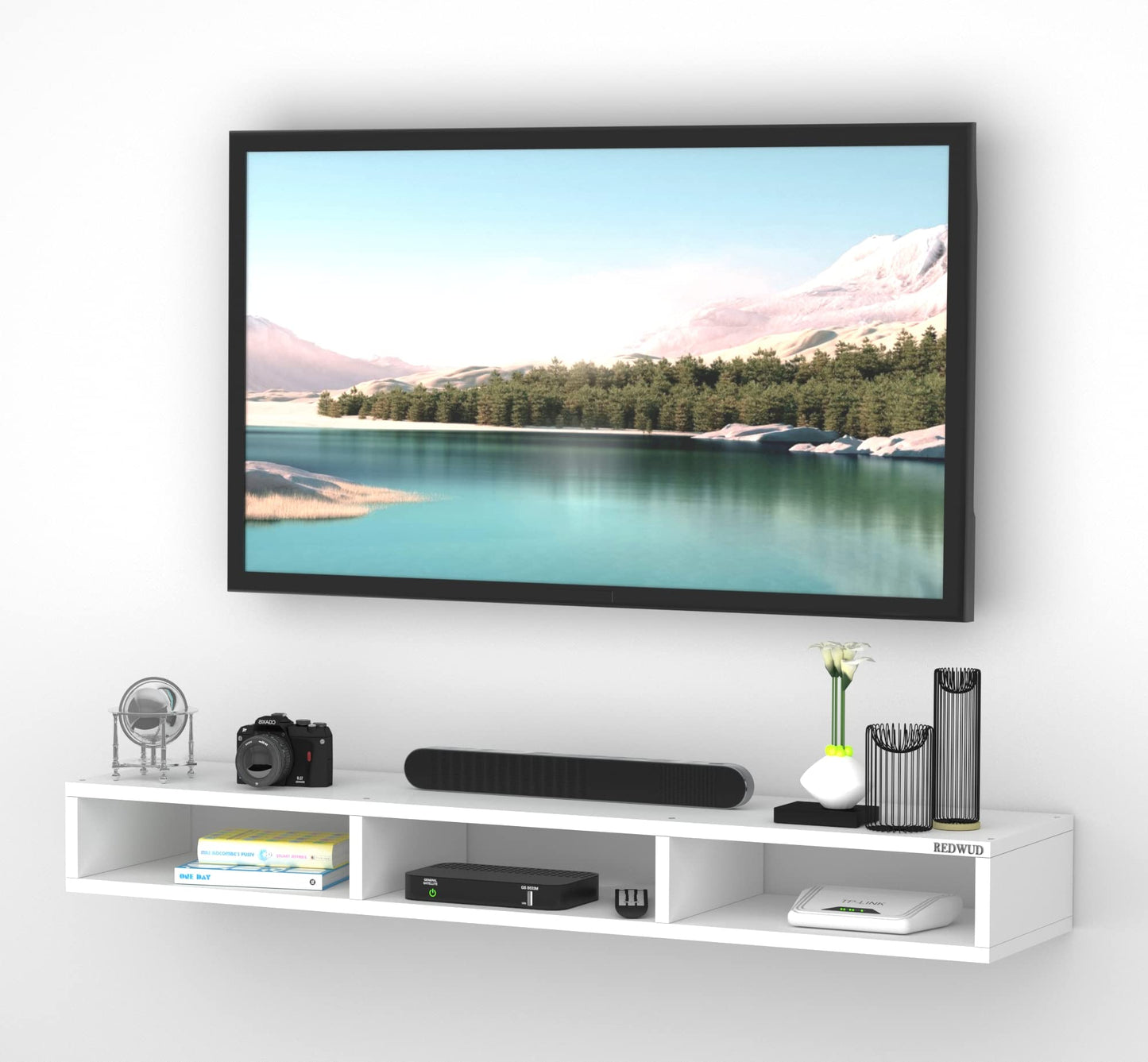 WalLMount TV Entertainment Unit, a sleek Floating Cabinet with Set Top Box Holder Shelf, ideaLfor TVs up to 101.6 cm, presented in a crisp and contemporary White finish
