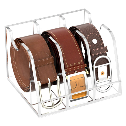 Acrylic Belt Organizer, Clear Belt Storage Holder with 3 Compartments and Display Stand, Perfect for Closet, Drawer and Dresser Organization, Elegant Storage Solution for Belts, Clear