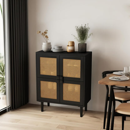 Modern Rattan Storage Cabinet, 4-Door Design with Black Frame, Living Room Furniture