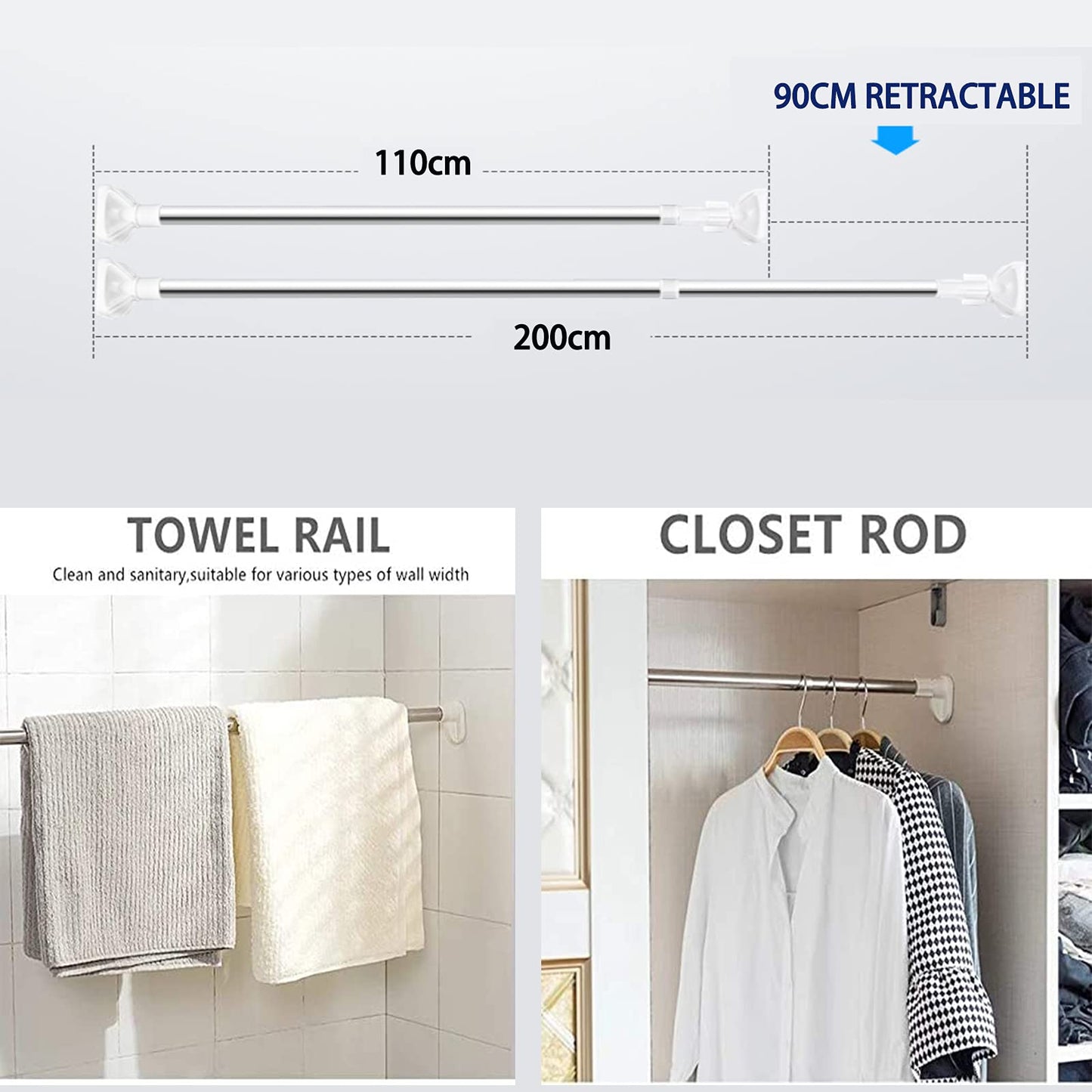 Kg shower curtain rail, curtain rod short extendable stainless steel tension rod with no drilling, modern telescopic shower curtain pole for shower for window bathroom wardrobe doorway (110-200cm)