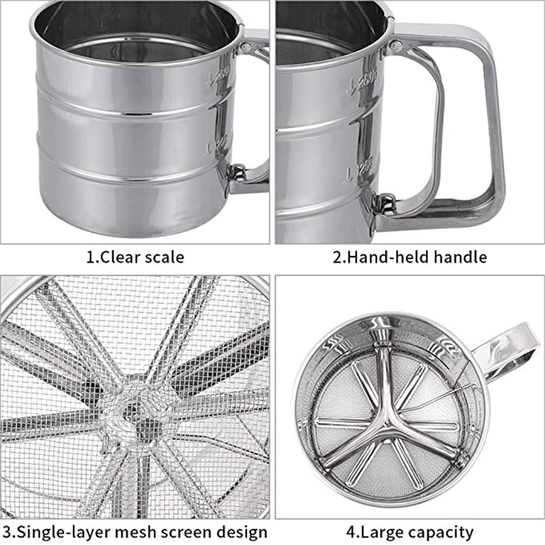 YUNNUO Stainless Steel Flour Sieve, Manual Hand Sieve, Fine Mesh Sieve, Sifting Flour and Icing Sugar with Handle Flour Shaker - Flour Sifter Hand Held - Bake & Decorate Cakes, Pies(Silver)