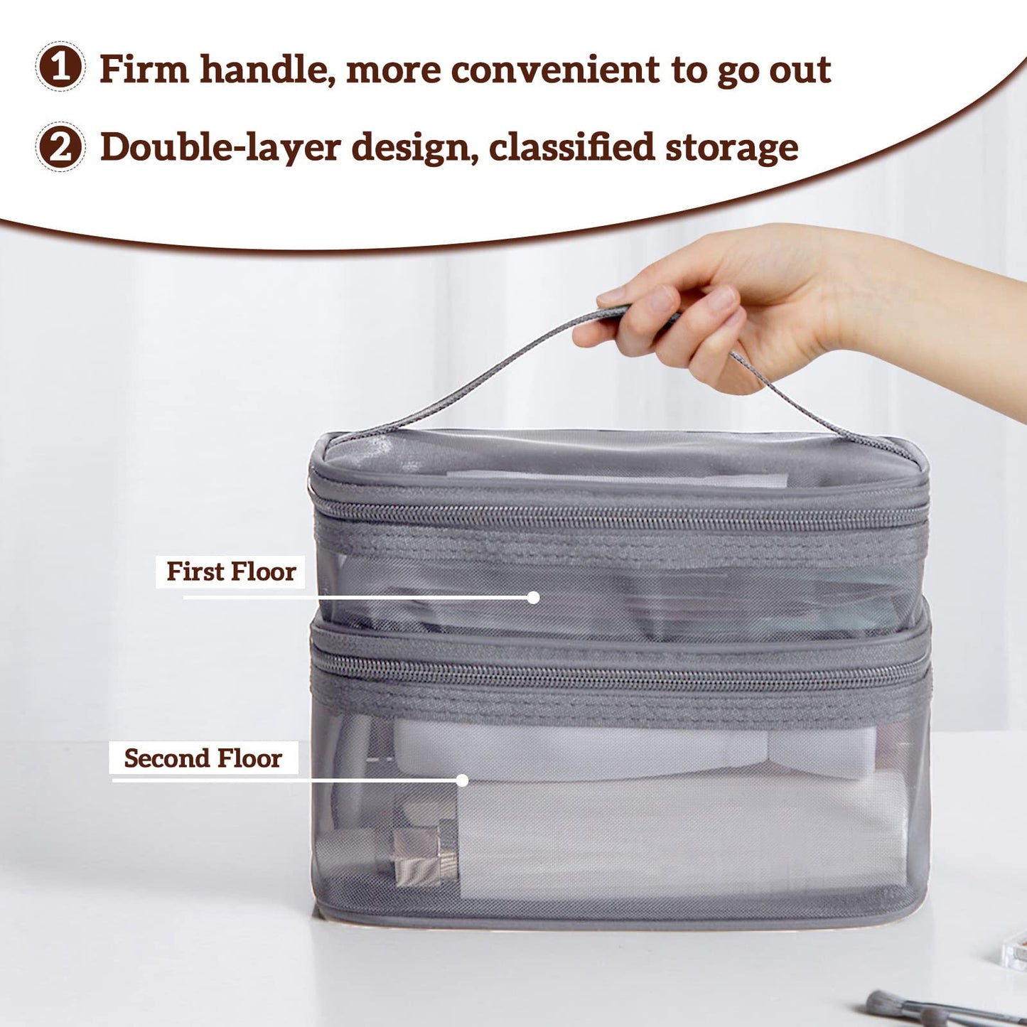 Double Layer Makeup Bag, Large Mesh Travel Cosmetic Pouch with Double Zipper, Vertical Multifunctional Toiletry Bag for Makeup Brushes