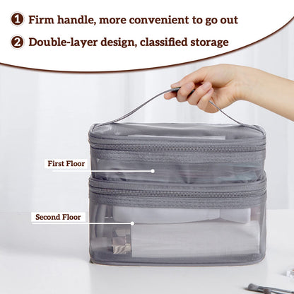 Double Layer Makeup Bag, Large Mesh Travel Cosmetic Pouch with Double Zipper, Vertical Multifunctional Toiletry Bag for Makeup Brushes