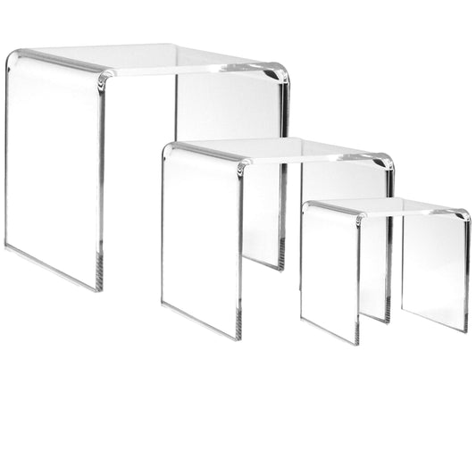 Acrylic Display Risers Set, 3-Piece Clear Acrylic Pedestal Stands, Assorted Sizes for Jewelry Display, Tabletop Fixtures, Retail Counter Showcases, Collectibles and Product Presentation