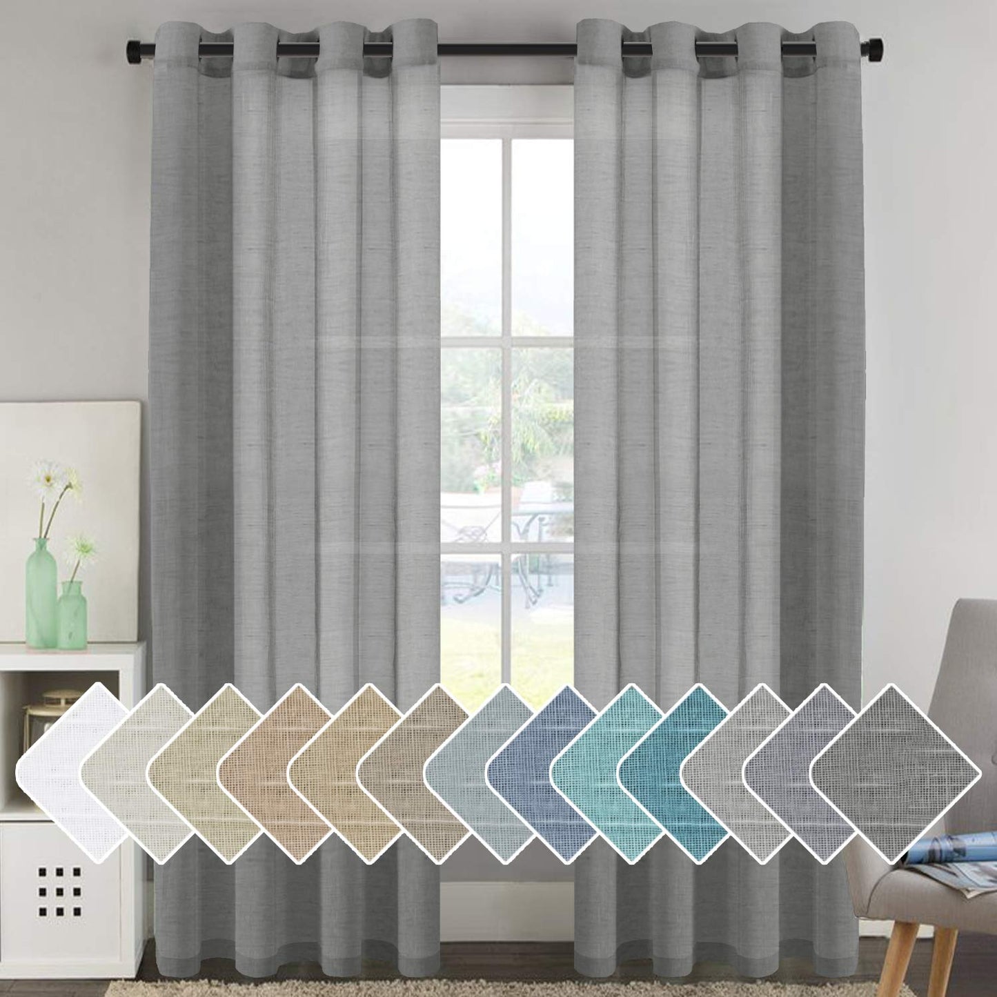 INtex Curtains Semi-Transparent Natural Linen Curtains with Elegant Sheer Fabric and Steel Grommets - 1 Piece 200W x 230L CM Dark gery