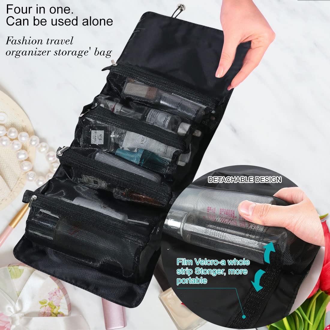 M MUNCASO Hanging Roll-Up Makeup Bag, 4-in-1 Foldable Toiletry Bag for Travel, Removable Storage Bags, Travel Cosmetic Organizer Bag for Women/Men, Black-2