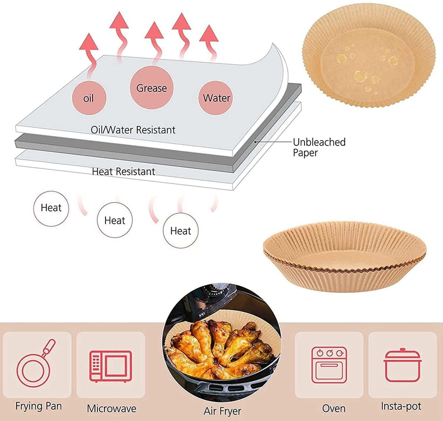 100Pcs Air Fryer Disposable Paper Liners, Non-stick Round Air Fryer Parchment Paper Replacement Mat, Oil-proof Water-proof Wood Pulp Cooking Baking Paper for Kitchen Steamer, Microwave Oven (Natural)