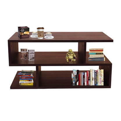 s-Shape Wood Coffee Table in Walnut, Modern Centre Table for Living Room, Tea Table with Lower Shelf, Unique Geometric Design, Two-Tier Storage
