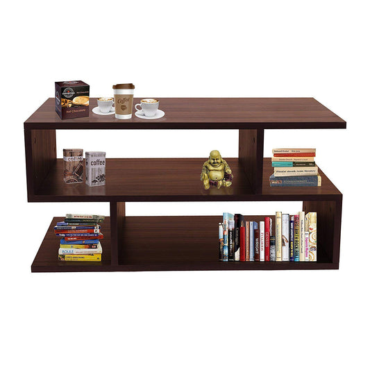 s-Shape Wood Coffee Table in Walnut, Modern Centre Table for Living Room, Tea Table with Lower Shelf, Unique Geometric Design, Two-Tier Storage