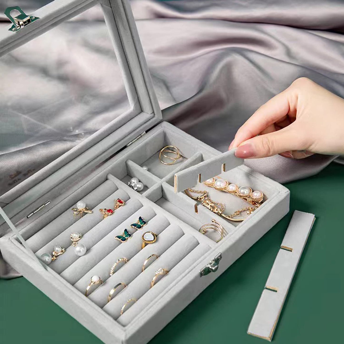 Velvet Jewelry Organizer Box, Clear Glass Lid Storage Case, Multifunction Ring Earrings Necklace Display Holder(gray)