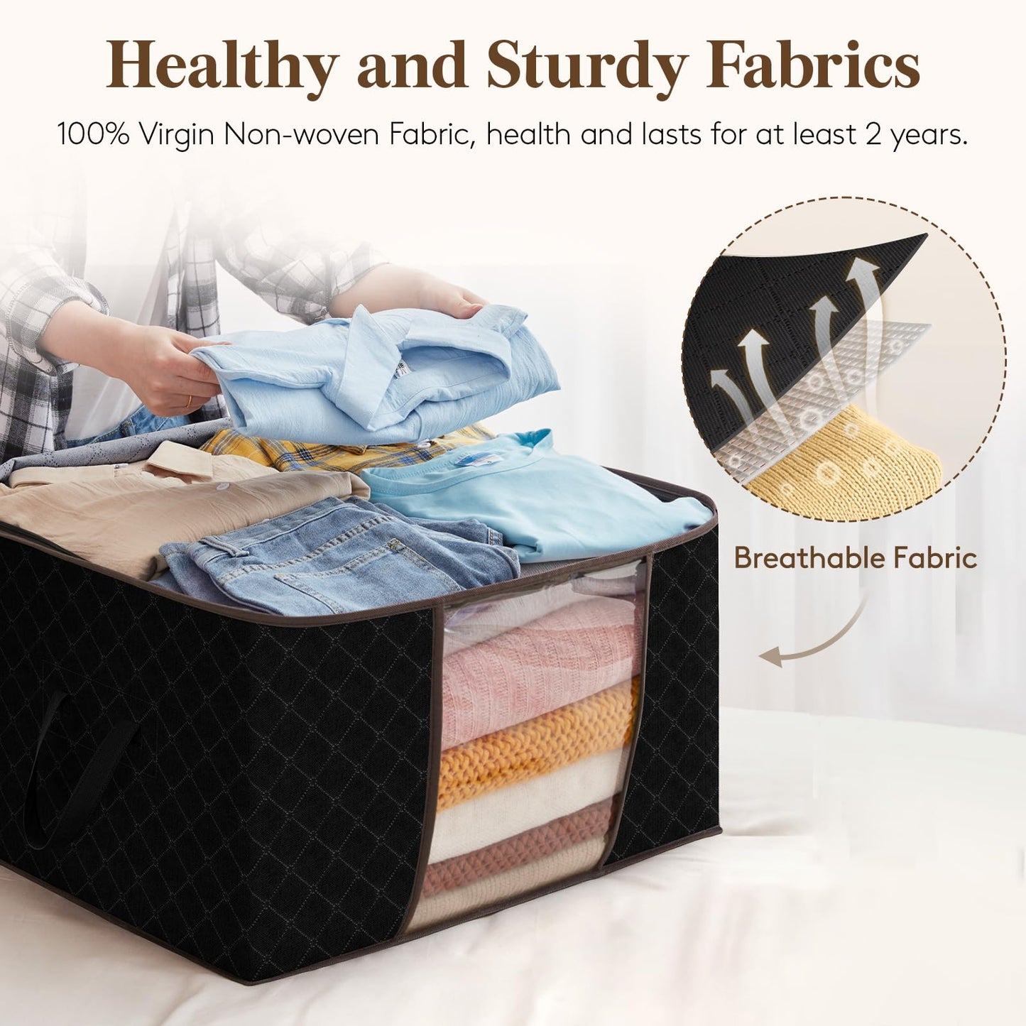 Lifewit 4 Packs Clothes Storage Bag, Storage Bins for Clothes, Blankets, Comforters, Foldable Clothing Storage with Reinforced Handle, Sturdy Zipper, Closet Organizer With Clear Window, Black