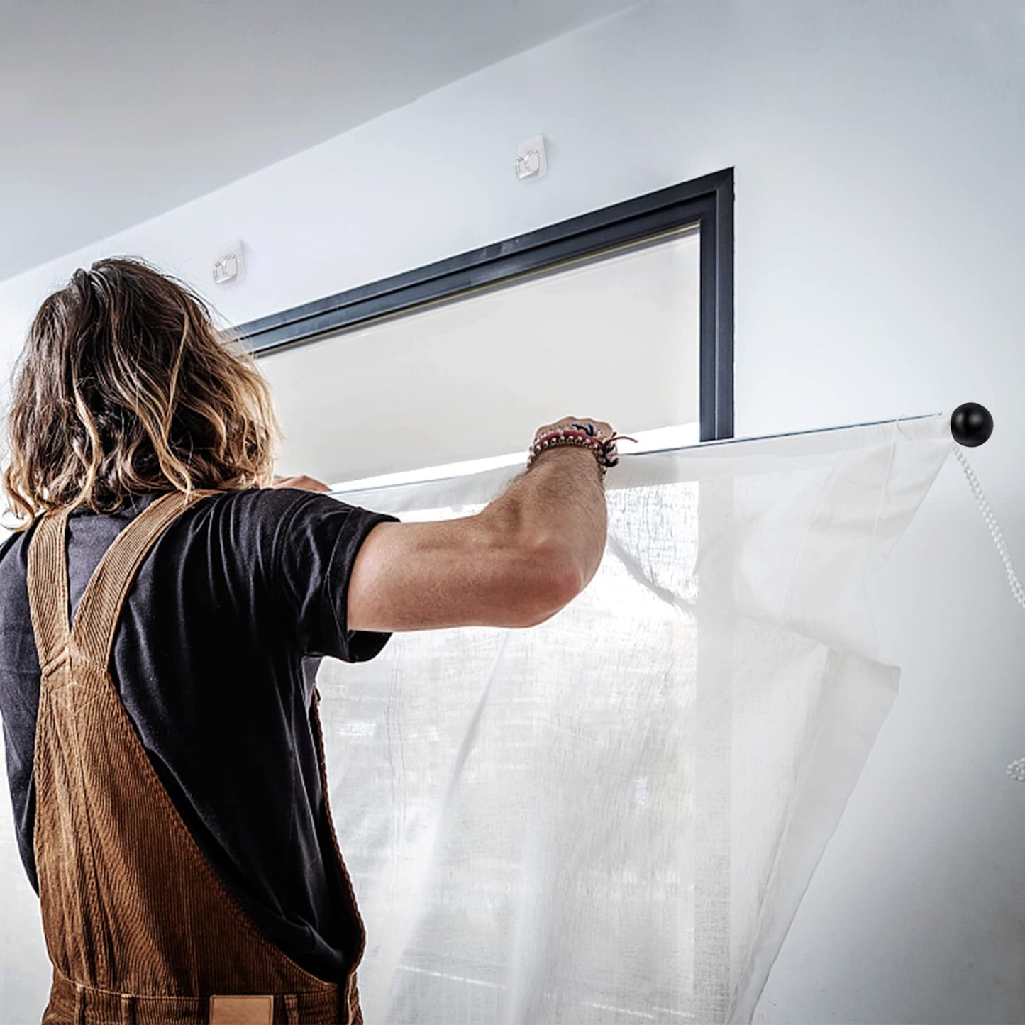 UOCAI Pack of 8 Transparent Self-Adhesive Curtain Rod Holders, No Drilling, Wall Mount, ABS Frame, Stainless Steel Finish