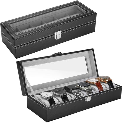 Watch Box Storage Box with 6 Grids, 6 Slots Watch Box Watch Display Box Organiser Watch Box for Men Black