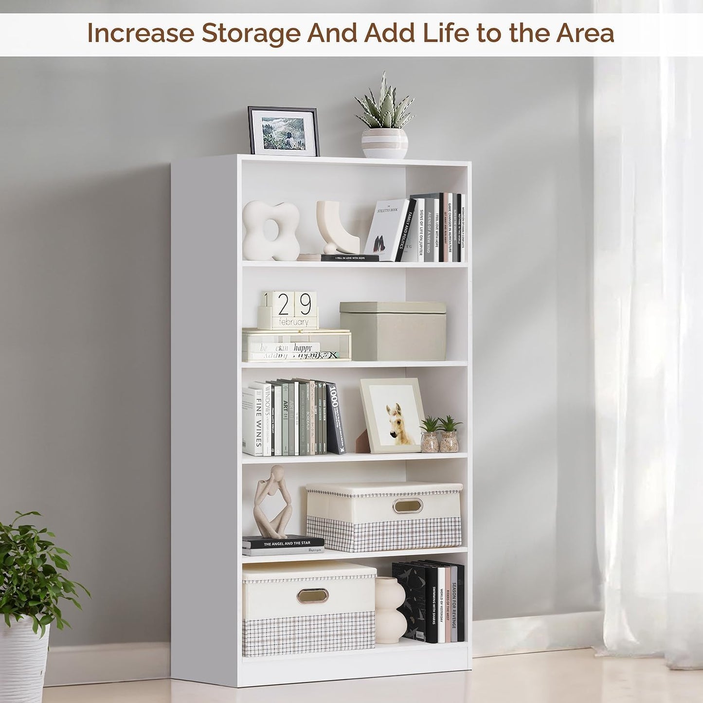 Ergonomic 5-Tier Geometric Wood Bookshelf in White, 1.6m Tall Multipurpose Home Library Organizer, Open Storage for Bedroom, Living Room, Study (L80cm x D30cm x H160cm)