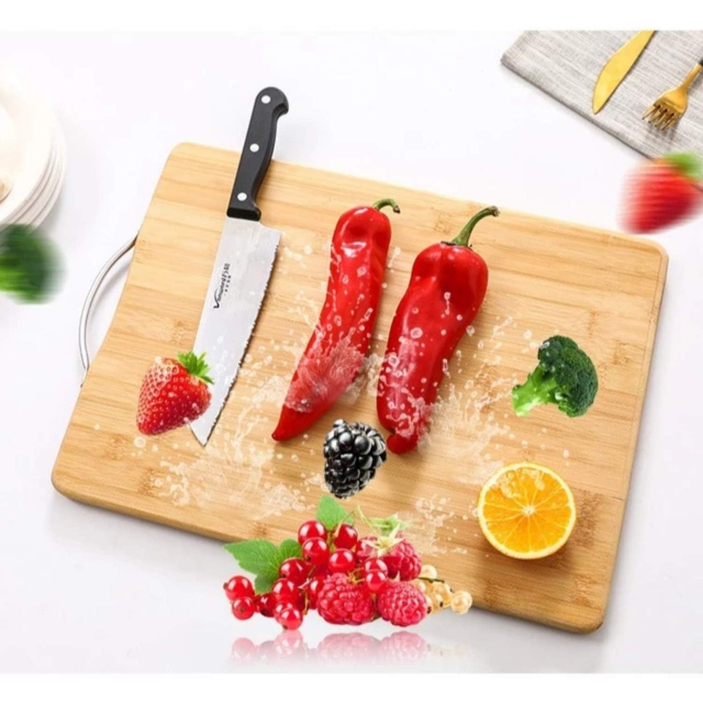 FOMQUAZLI Wooden Bamboo Chopping Cutting Board with Steel Handle Fruits, Vegetables, Fish, Chicken & Meat Cutting Pad for Kitchen Non-Slip Antibacterial Chopping Board (30 * 20CM)