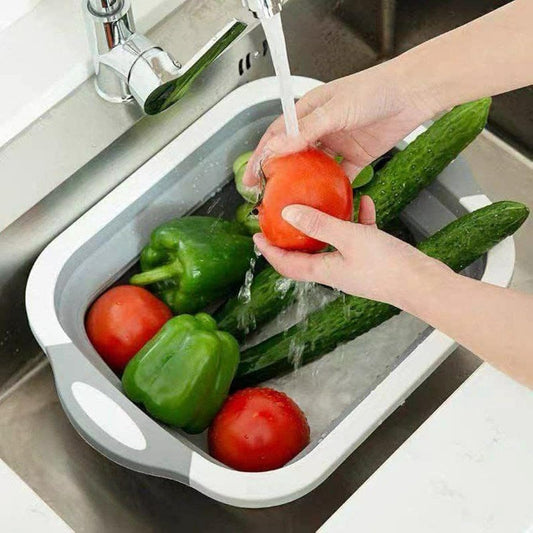 Multifunctional 4 in 1 Plastic Foldable Chopping Ourmah - Collapsible Dish Tub - Vegetable - Fruit Washing - Drain Basket with Plug - Collapsible Wash Basin - Serving Tray - Now for DIY Pegui Bell