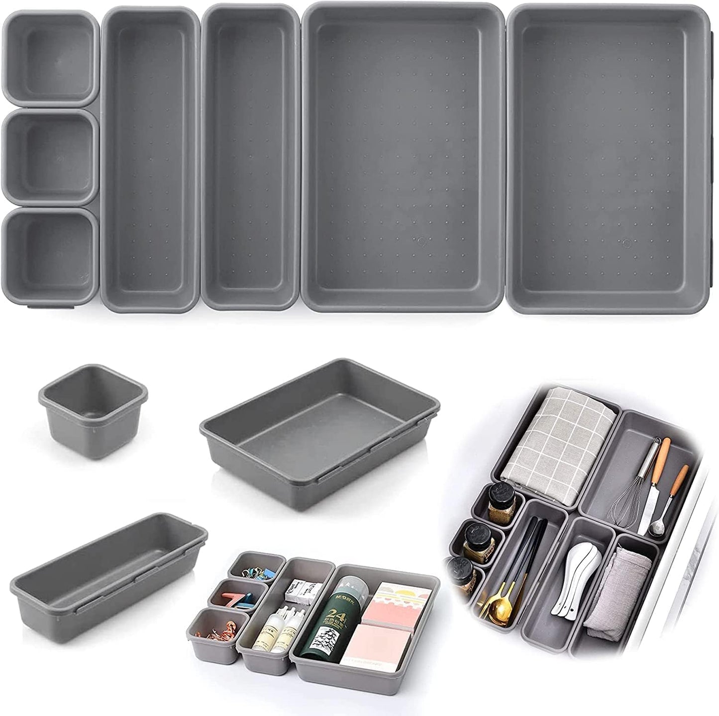 16 Pieces Drawer Organizers Set, Versatile Desk Drawer Organizer Trays Plastic Storage Bins, Separators Drawer Divider for Makeup, Kitchen Gadgets Utensils and Office