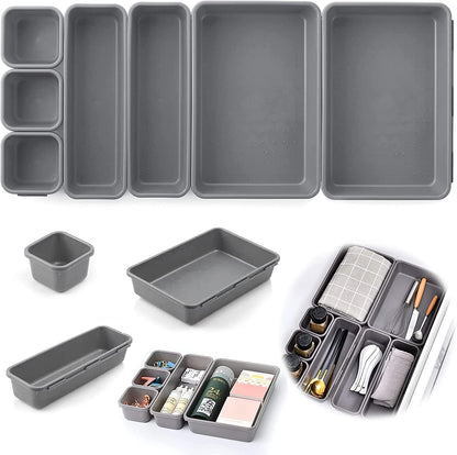 16 Pieces Drawer Organizers Set, Versatile Desk Drawer Organizer Trays Plastic Storage Bins, Separators Drawer Divider for Makeup, Kitchen Gadgets Utensils and Office