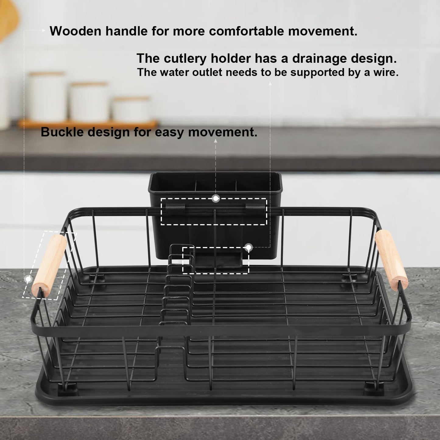 DPWEION Dish Drainer Rack for Kitchen-Metal Dishes Drying Rack with Drip Tray/Cutlery Holder/Wooden Handles-Draining Board Racks(43x31x12cm,Black)