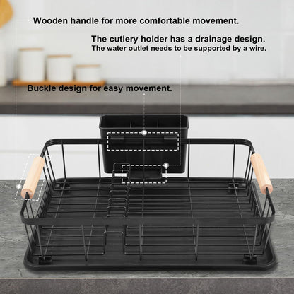 DPWEION Dish Drainer Rack for Kitchen-Metal Dishes Drying Rack with Drip Tray/Cutlery Holder/Wooden Handles-Draining Board Racks(43x31x12cm,Black)