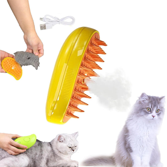 PAKMEZ Steamy Cat Brush - 3 In1 Cat Steamy Brush, Self Cleaning Steam Cat Brush, Cat Steamer Brush for Massage, Cat Hair Brush for Removing Tangled and Loosse Hair (Yellow)