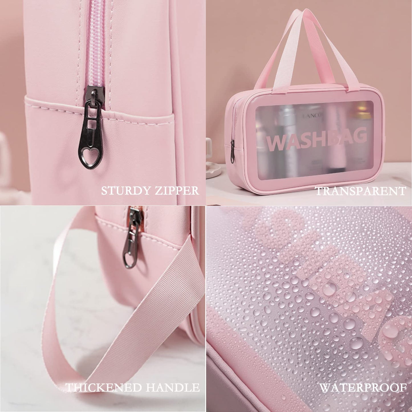 3 Pieces Toiletry Bag for Women and Men, Matte Translucent Makeup Cosmetic Bag with Handy Handle, Water - Resistant Travel Organizer for Accessories (Pink)