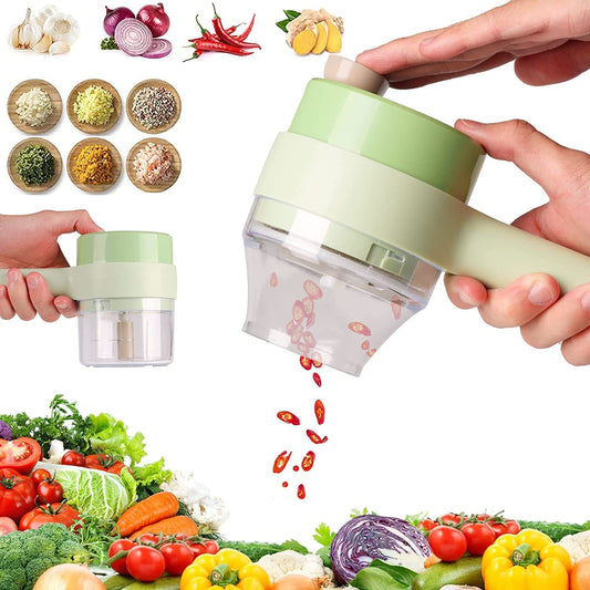 4-in-1 Electric Handheld Cooking Cutter Vegetable Cutter, Multifunction Food Chopper and Slicer for Garlic, Pepper, Chili, Onion, Celery, Ginger, and Meat with Cleaning Brush