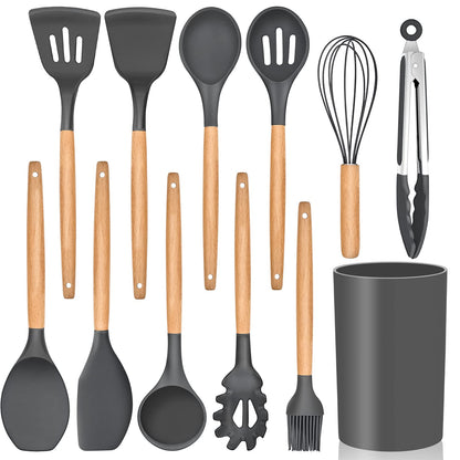 E-far Kitchen Utensils Set of 12, E-far Silicone Cooking Utensils with Holder, Non-stick Cookware Friendly & Heat Resistant, Includes Spatula Tong Whisk Ladle Brush Slotted Turner Spoon(Gray)