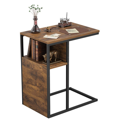 Sofa Side End Table, C Shaped Reversible Table with Wooden Shelf, Side Table for Living Room, Bedroom, Metal Frame Nightstand