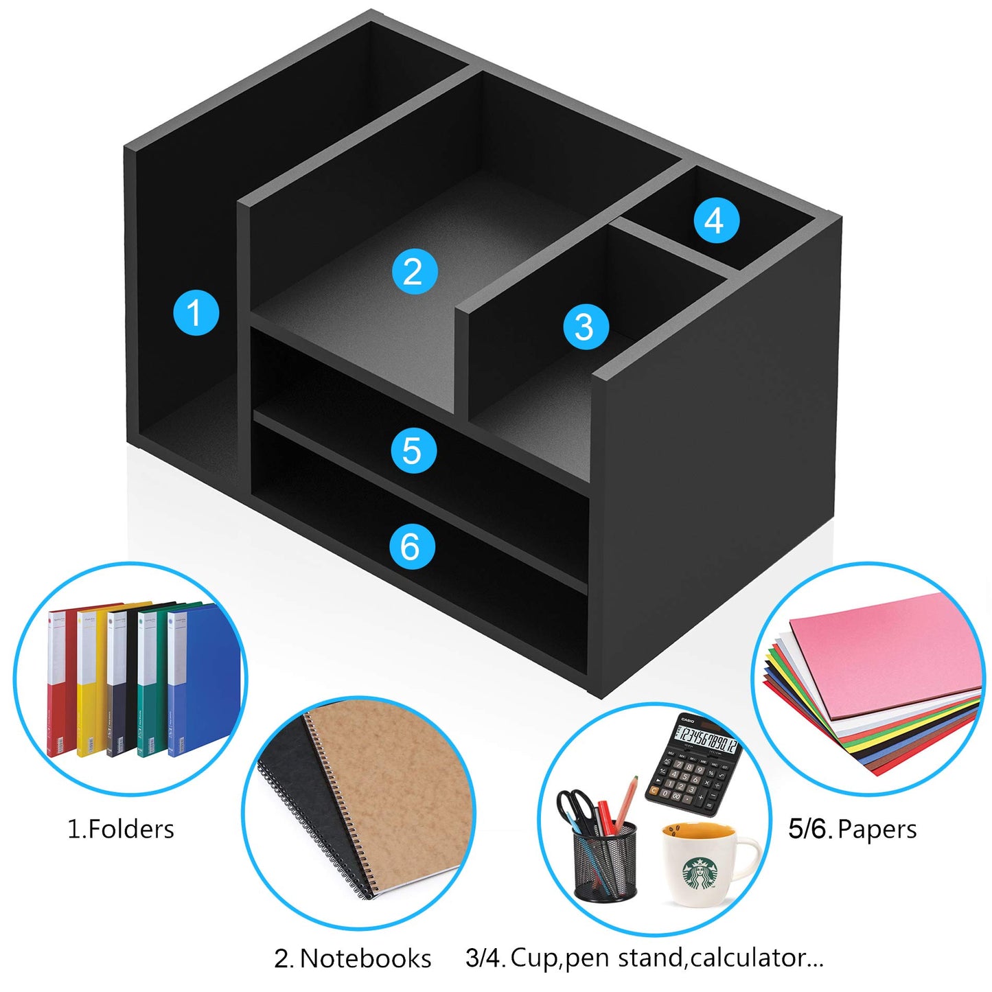Wood Office Desk Organizer in White, Workspace Organizer with Letter Tray and 4 Upright Sections, Desktop Document Holder, File Sorter for Home or Office Supplies
