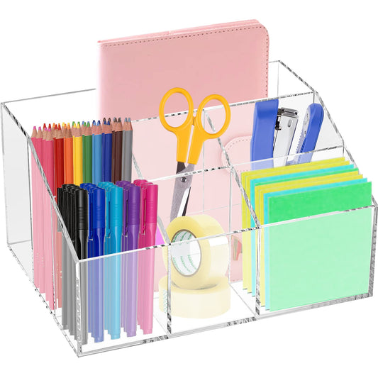 7-Compartment Clear Acrylic Desk Organizer, Stationary Caddy and Pen Holder for Notebooks and Pencils, Multi-functional Storage for School, Artist, and Office Craft Room Supplies