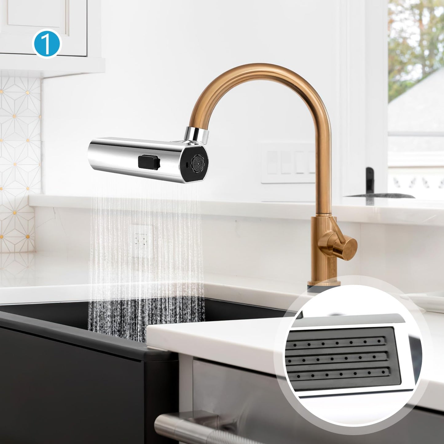 Waterfall Kitchen Faucet - 3-in-1 360° Rotation, 3-Function Spray Nozzle, Water Saving Tap for Sink (Silver)