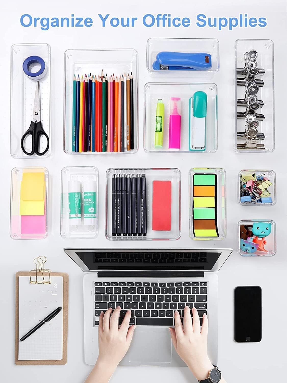 Kienlix Desk Drawer Organizer Trays Various Size Bathroom Organizer Storage Tray for Makeup, Jewelries, Utensils, Bedroom Dresser, Office and Kitchen (12 pc)