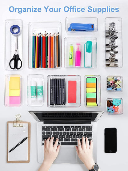 Kienlix Desk Drawer Organizer Trays Various Size Bathroom Organizer Storage Tray for Makeup, Jewelries, Utensils, Bedroom Dresser, Office and Kitchen (12 pc)