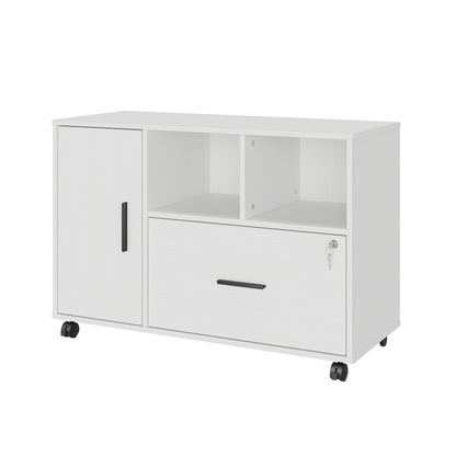 Office File Cabinet with Lock in White, 2-Drawer Mobile Pedestal with Wheels, Under-Desk Filing Cabinet for Home Office, Secure Document Storage with Key, Modern Design