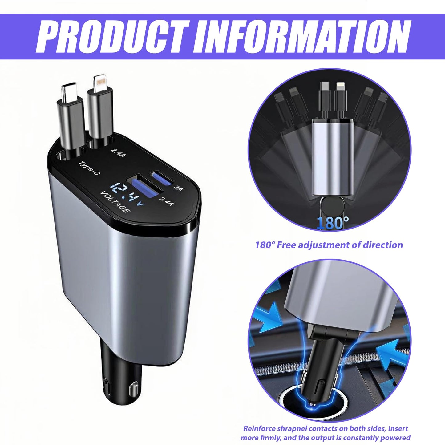 Retractable Car Charger, 120 W Retractable Cigarette Lighter, Car Charger Cigarette Lighter, Car Plug