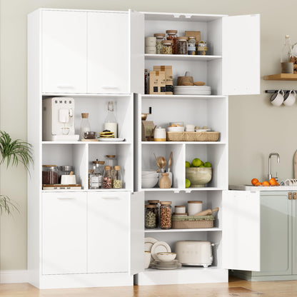 Bookcase with 4 Doors in White, 180.5cm Bookshelf with Living Room Storage, Free Standing Cupboard for Home Office, Large Capacity Cabinet (180.5x60x40cm)