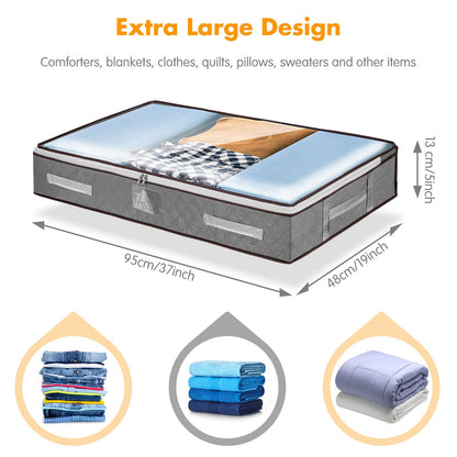 wsryx 4 Pack Underbed Storage Bags with Lids, Foldable Large Under Bed Storage Boxes with Zips, Clothes Bedding Comforter Organiser Containers Bin with Clear Window Reinforced Handles (4 pack grey)